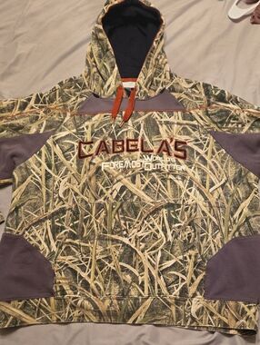 Cabela's Camouflage Green Brown Hooded Sweatshirt with Orange Accents
